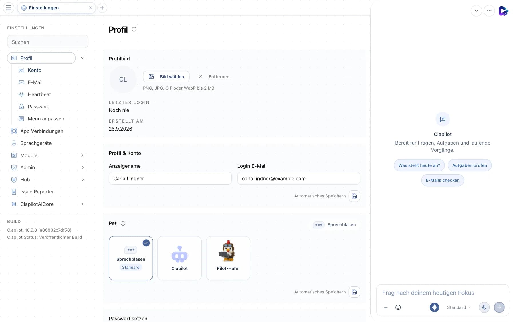 Einstellungen mit Suche und Navigation: Profil, App Verbindungen, Admin