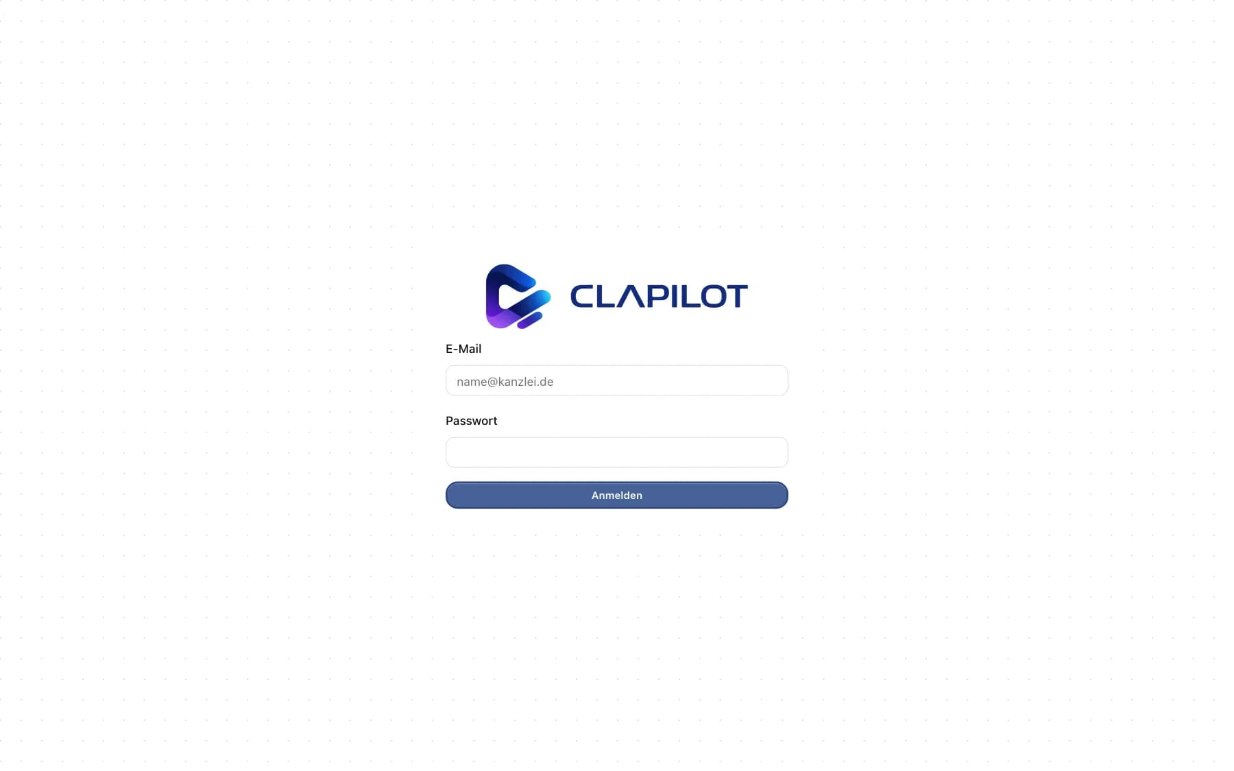 Anmeldeseite von Clapilot mit E-Mail, Passwort und Anmelden