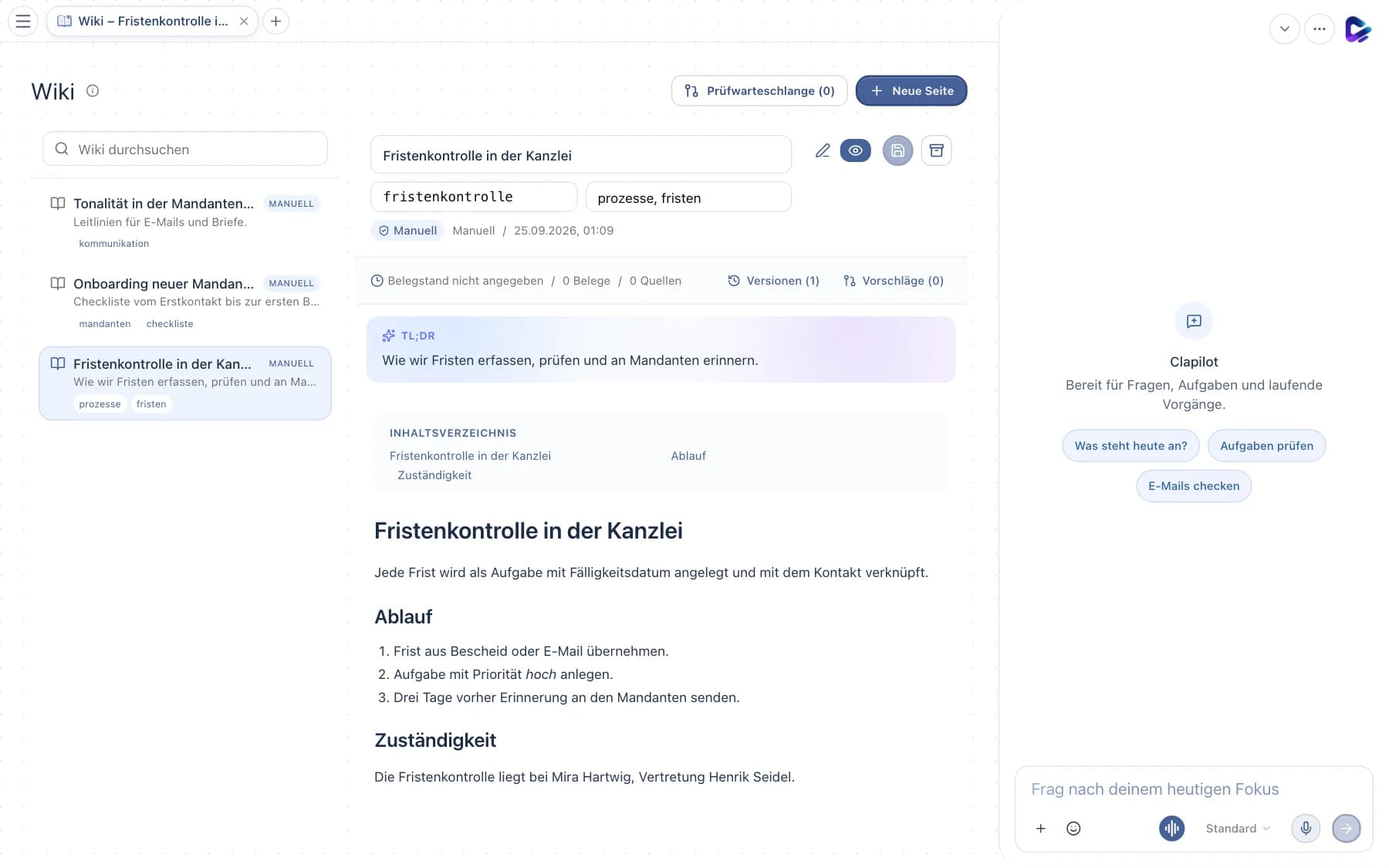 Wiki mit Seitenliste, Suche und geöffneter Seite