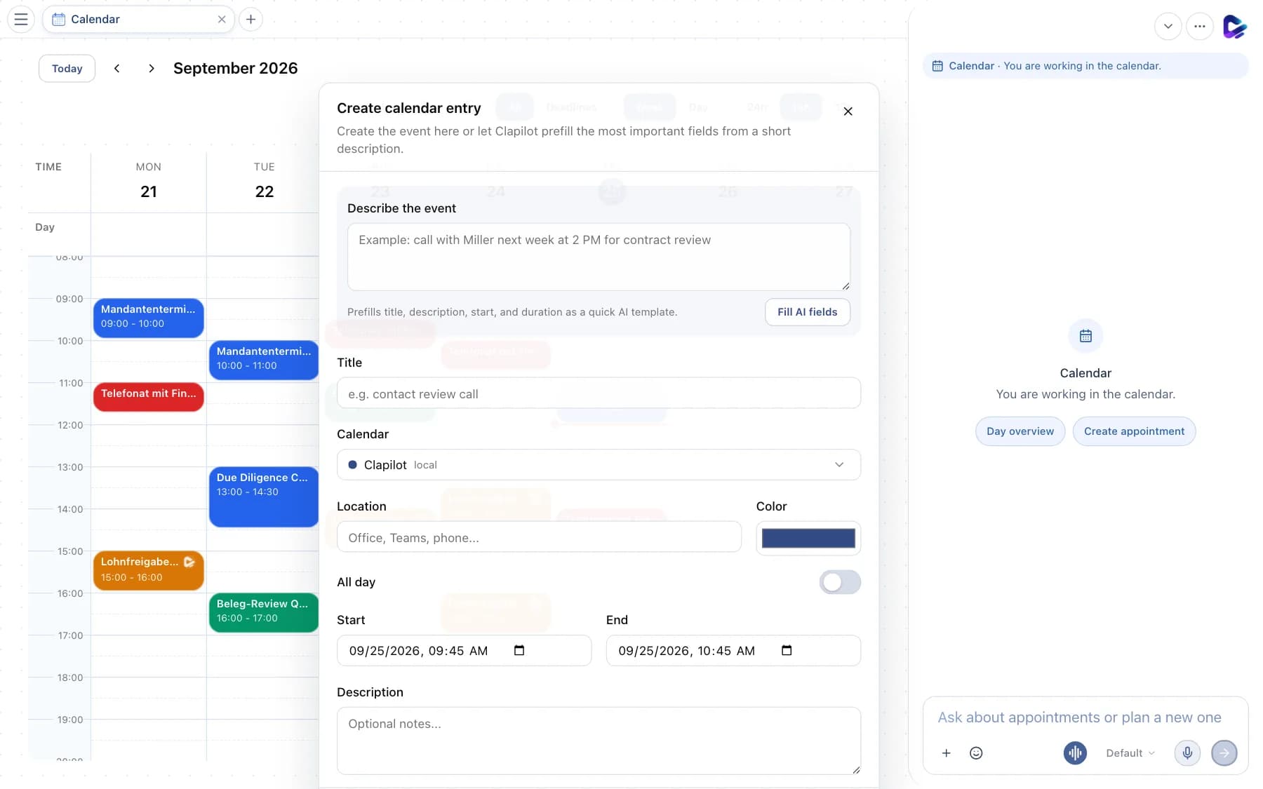 Create calendar entry form with AI description and fields