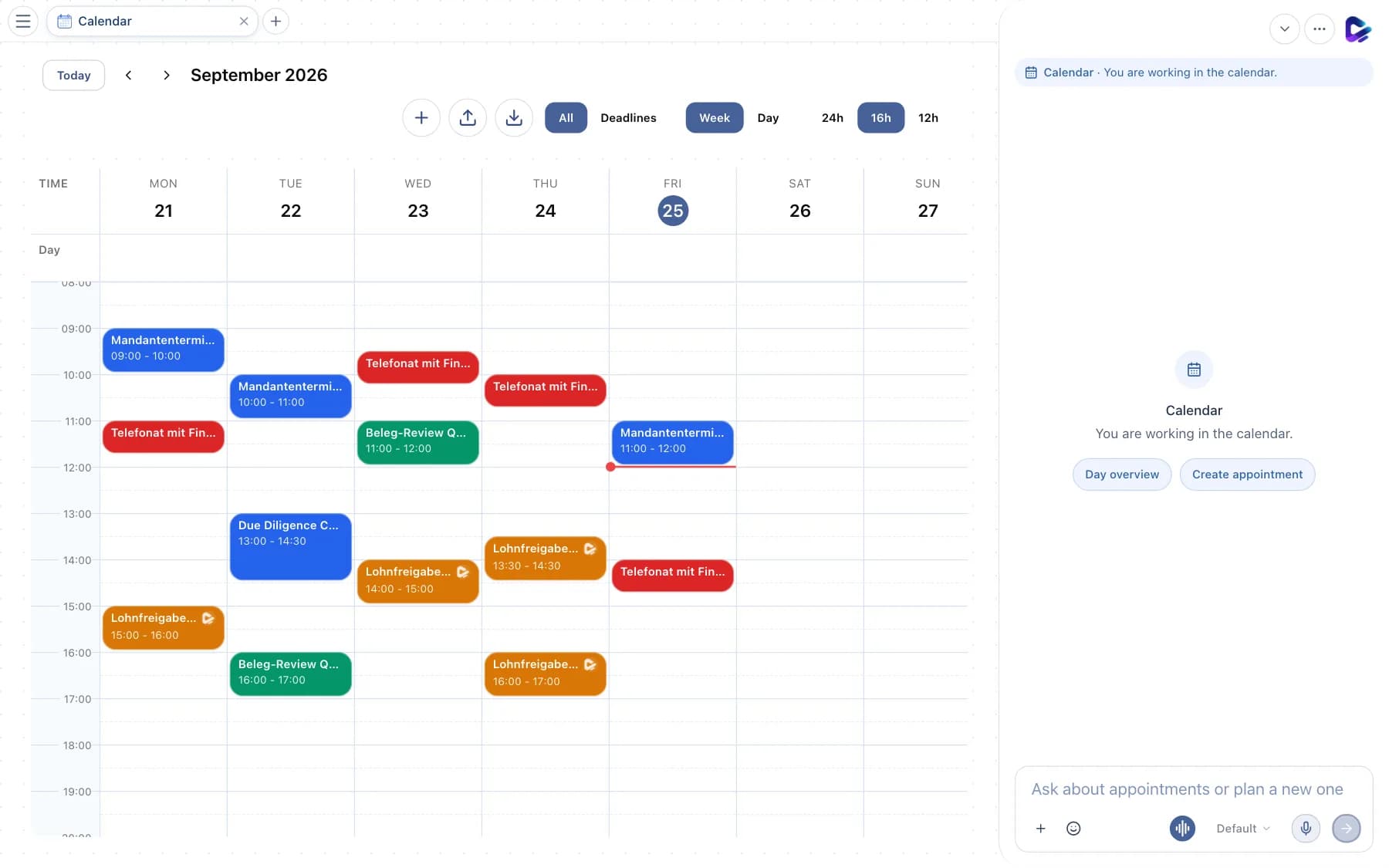Calendar in the week view with toolbar and events