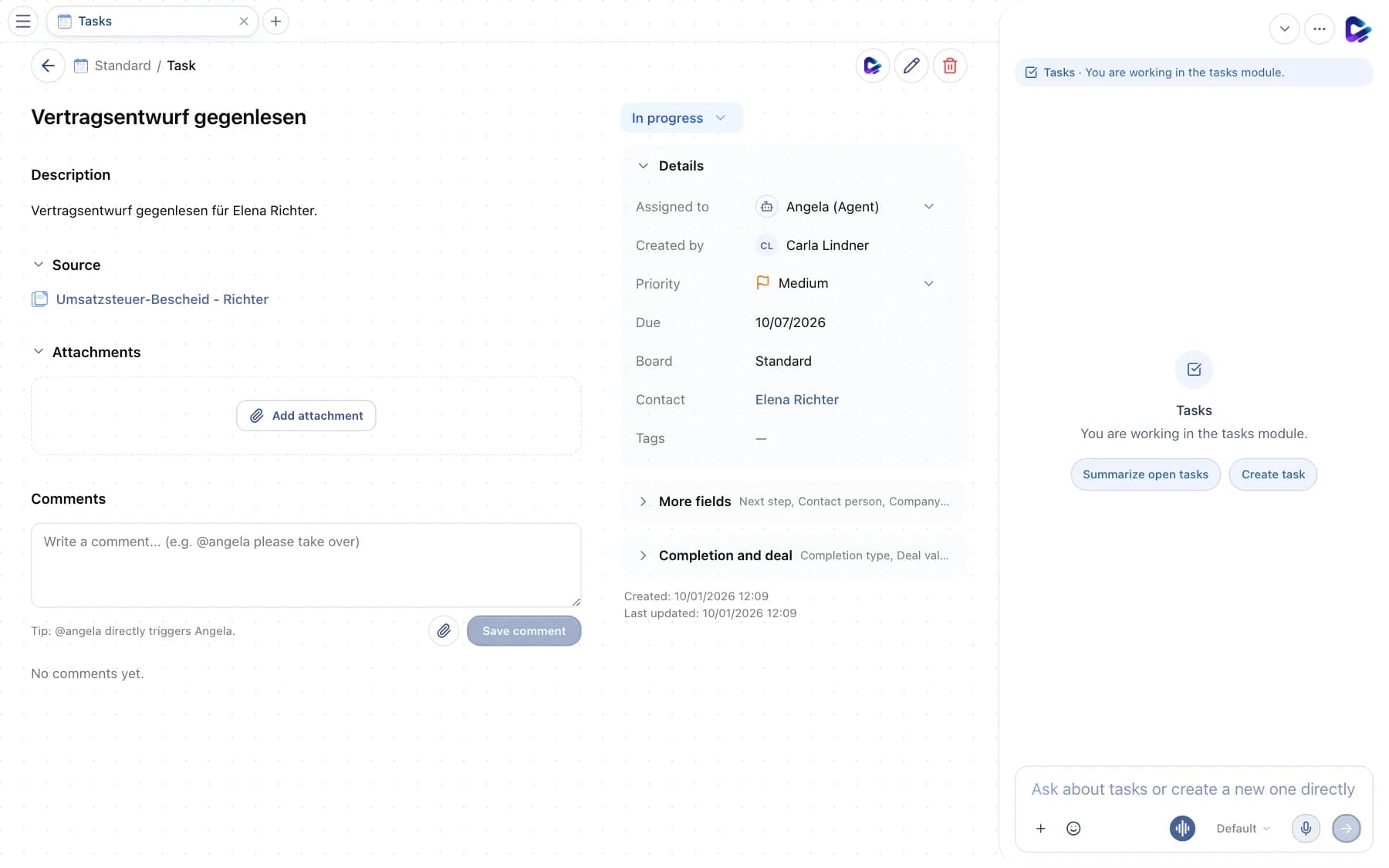 Task detail view with status, assignee, source and actions