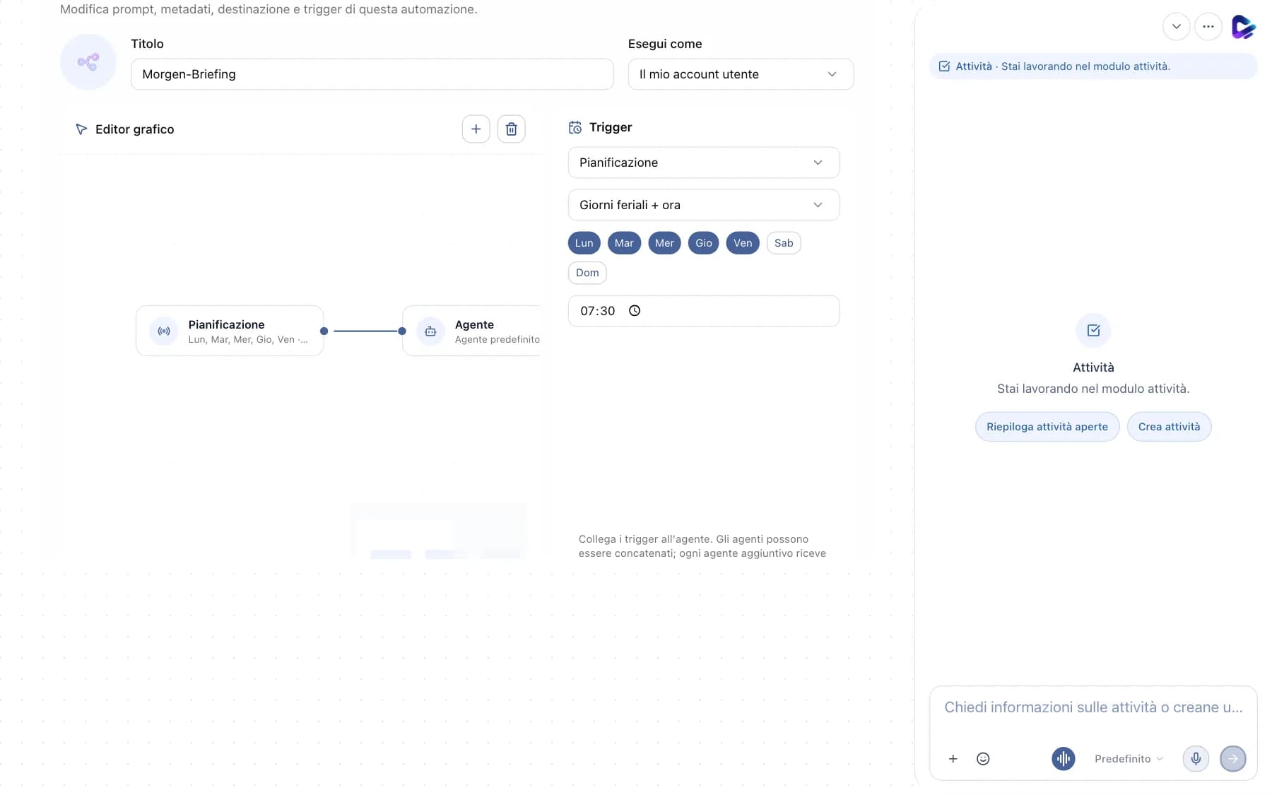 Editor di un'automazione con titolo, Esegui come, editor grafico e trigger