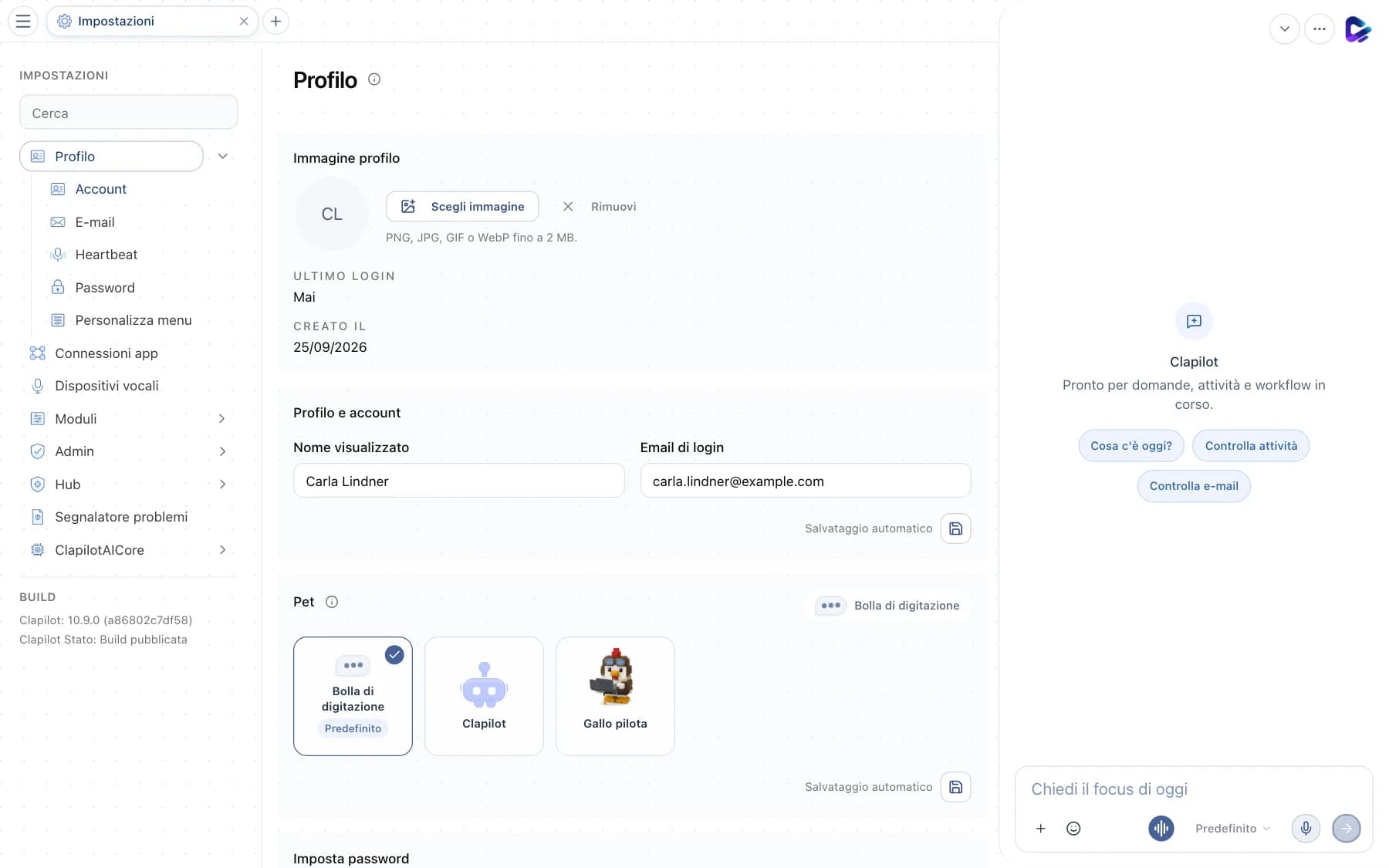 Pagina del profilo con immagine profilo, nome visualizzato ed email di login