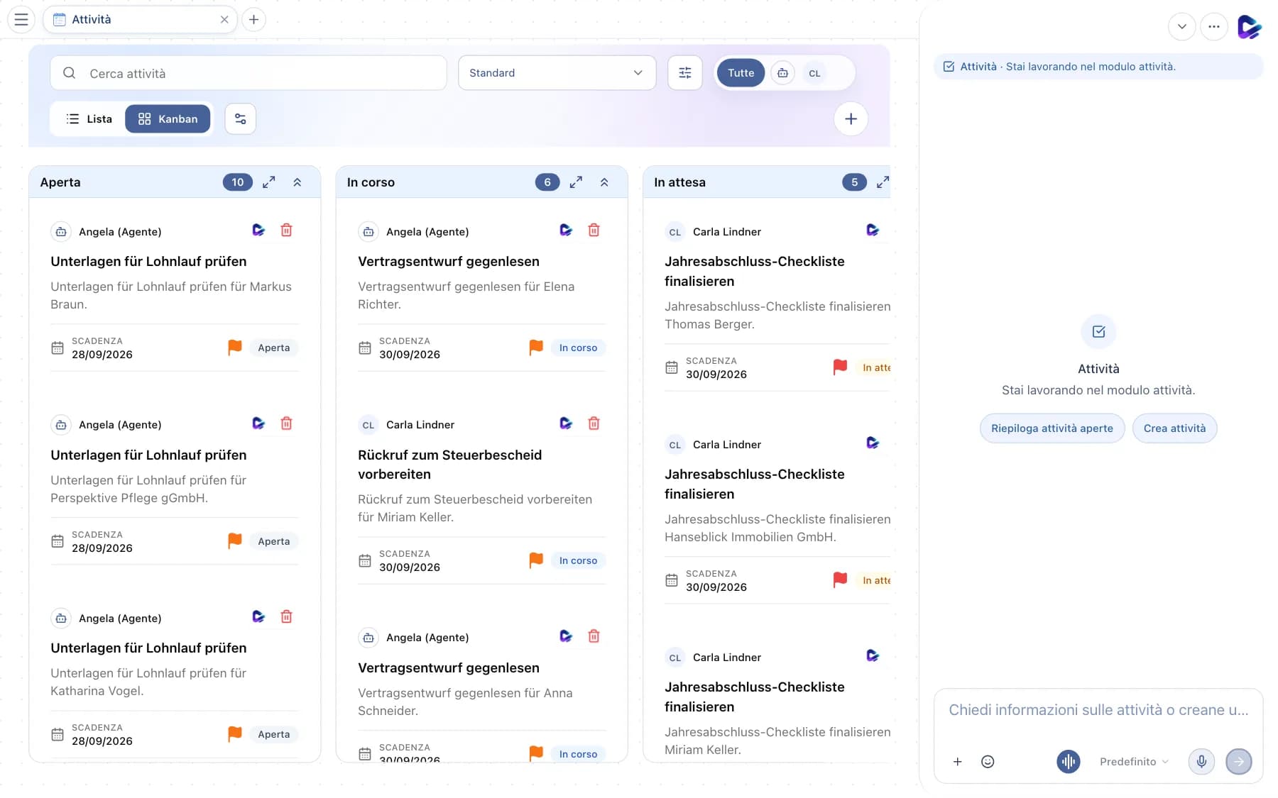 Attività nella board Kanban con barra degli strumenti e colonne di stato