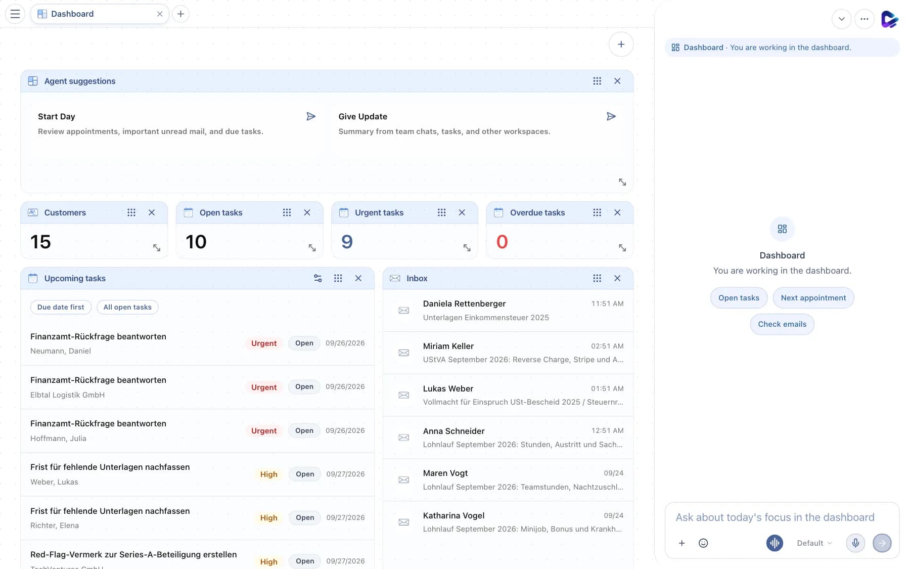 Dashboard with agent suggestions, metrics, upcoming tasks and inbox