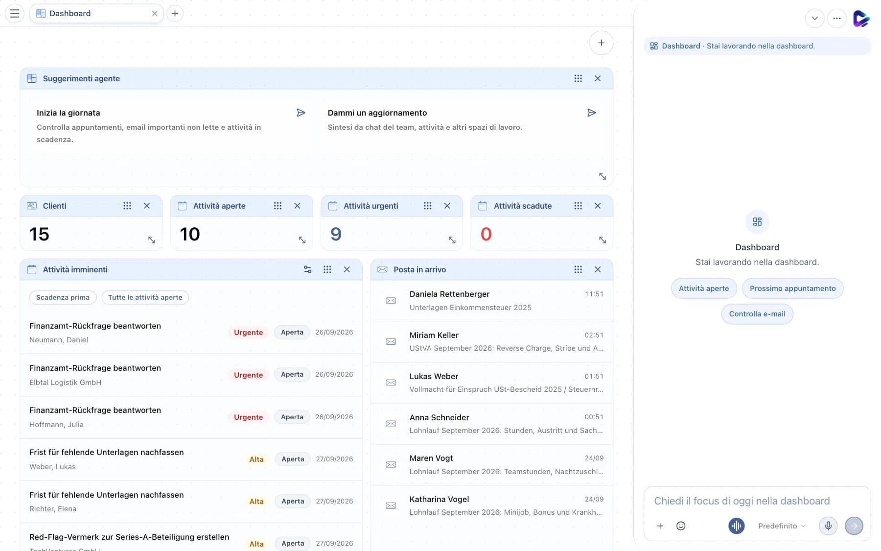 Dashboard con suggerimenti dell'agente, metriche, attività imminenti e posta in arrivo